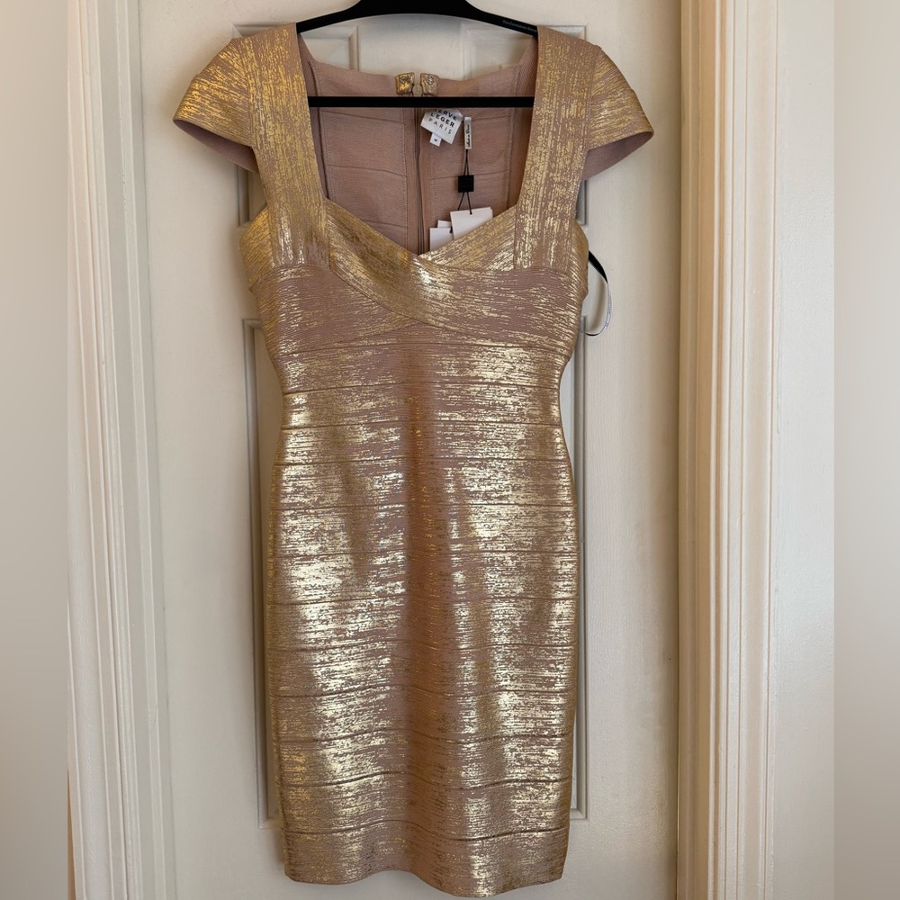 Herve Leger Foil Cap-Sleeve Bandage Dress
